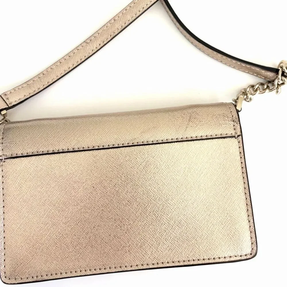 Kate Spade Rose Gold Metallic Leather Flap Crossbody Bag Chain Purse